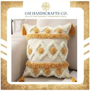 Coussin décoratif bohème brodé carré crème jaune à motif géométrique avec pompons, housse de coussin lavable - Product Image 2