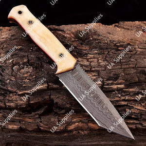 Couteau de chasse et de camping professionnel de qualité industrielle en acier Damas, lame fixe ultra-affûtée 58 HRC, pointe tombante, manche en os de chameau - Product Image 2