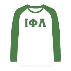 Chemise à manches longues raglan blanche Iota Phi Lambda Sorority avec manches vert émeraude, vêtement à lettres grecques, haut décontracté pour femme, qualité supérieure - Product Image 1