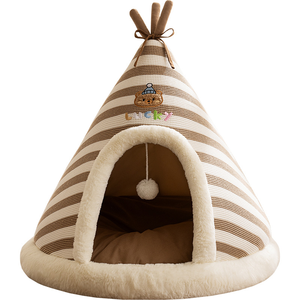 Cama Cálida de Invierno para Gatos, Tienda de Campaña Tipo Tipi, Casa Tejida a Rayas, Nido Cueva para Mascotas con Pelota Colgante y Cojín Suave de Felpa para Gatos y Perros de Interior - Product Image 1