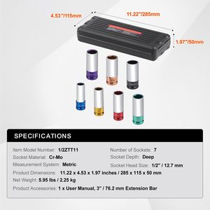 Set di Chiavi a Bussola Profonde Metriche da 1/2 Pollice, 6 Punte, 7 Misure per Dadi di Ruota, in CR-MO S, per Dadi di Veicoli, Misure 17/19/21/22/23/24/27mm - Product Image 3