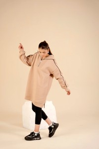 Oversized Half <b>Zip</b> <b>Hooded</b> Pocket Fleece Sweatshirt Dress Beige Black Long Length Casual Regular Sleeve Unisex Autumn Wear - Product Image 2