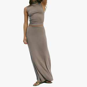 Ensemble deux pièces jupe longue tendance Printemps 2026 pour femme – Haut décontracté à col montant uni et jupe longue imprimée - Product Image 4