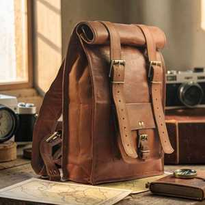 Waterproof Genuine Leather <b>Roll</b> Top Bag Multi Pocket Travel Rucksack For E-commerce Retailers LTBP-0211 - Product Image 5