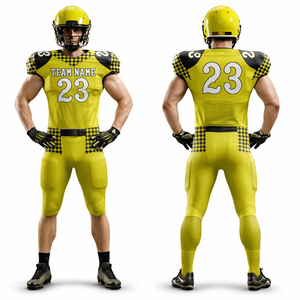 ชุดยูนิฟอร์มอเมริกันฟุตบอลสีเหลืองแบบสั่งทำพิเศษ ชุดเสื้อซับลิเมชั่นสำหรับฝึกซ้อมรักบี้ในยุโรปและสหรัฐอเมริกา พร้อมชื่อทีมและหมายเลขส่วนตัว - Product Image 1