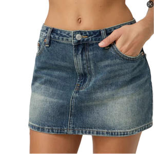 Falda Vaquera Lavada Azul Claro 100% Algodón para Mujer con Dobladillos Acampanados, Dos Bolsillos Traseros, Lazos para Cinturón, Botones, Primavera Otoño, Casual - Product Image 1