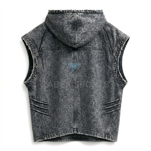 OEM ODM Men Hooded Sleeveless Vest <b>Denim</b> Style Moto Biker <b>Jacket</b> Front Print Regular Length Autumn Cotton Outer Wear in Pakistan - Product Image 2