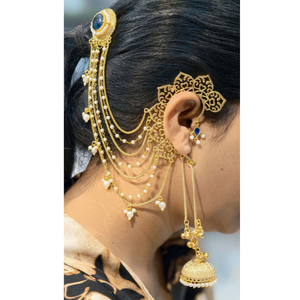 Elegante Pendiente de Oreja Dorado con Piedra Azul y Cadenas de Perlas en Capas, Pendientes Jhumka para Boda India, Joyería para el Cabello de Novia - Product Image 1