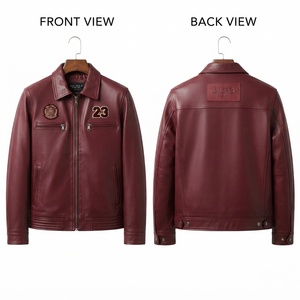 Veste en cuir de mouton premium, respirante, style motard, marron, avec fermeture éclair sur le devant, logo brodé personnalisé, design à panneaux - Product Image 2