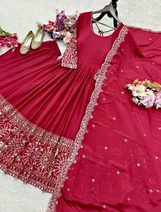 Ensemble Anarkali en soie marron brodé avec dupatta, longueur ras du sol, tenue traditionnelle indienne et pakistanaise pour femme, coupe ample, hiver - Product Image 6