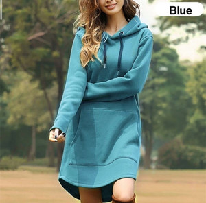 Red Oversized Hooded Long Sleeve <b>Sweatshirt</b> <b>Dress</b> With Front Pocket Casual Wear For <b>Women</b> Autumn Season Fleece Material - Product Image 2