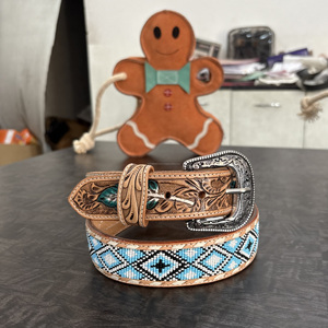 Cinturón de Cuero Artesanal Estilo Western con Cuentas y Hebilla Grabada |   Cinturón de Moda Estilo Vaquero para Hombre y Mujer - Product Image 4