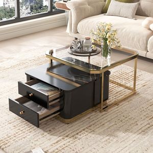 Modern 2-Piece <b>Nesting</b> <b>Coffee</b> <b>Table</b> <b>Set</b> with Drawers 27.6\" Electroplated Gold Legs - Product Image 3
