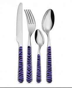 Juego de cubiertos de acero inoxidable con estampado de cebra morado, con acabado de alto brillo, apto para lavavajillas, para uso en fiestas. - Product Image 1