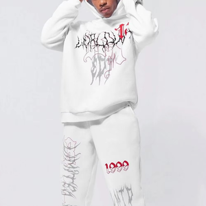 Conjunto Deportivo de Dos Piezas para Hombre, Sudadera con Capucha de Manga Larga y Pantalones de Algodón, Estilo Casual, Personalizado con Estampado, Estilo Urbano Blanco - Product Image 3
