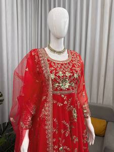 Conjunto de Salwar Anarkali Rojo Bordado con Dupatta y Revestimiento de Red, Vestido de Fiesta para Mujeres Indias y Pakistaníes - Product Image 3