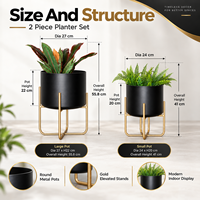 Lot de deux jardinières décoratives modernes en métal avec support doré, pots noirs étanches pour intérieur, maison, hôtel, bureau