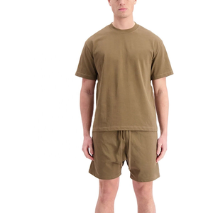 Ensemble t-shirt et short pour homme, vert olive, col rond, couleur unie, tricoté, décontracté, tenue d'été, respirant, 100% coton - Product Image 6