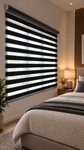 Stores zébrés motorisés WINHOME série Motorolize, télécommandés, pour projets hôteliers et d'appartements, chambres et salons, sur mesure OEM. - Product Image 1