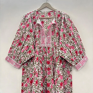 Vestido casual midi de mujer, 100% algodón, tejido, liso/con estampado floral, detalles estructurales, cuello en V, manga corta, estilo imperio, talla grande - Product Image 4