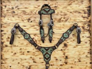 Ensemble de têtière et de peitorale en cuir western sur mesure, incrustations turquoise et conchos, équipement équestre personnalisé, vente chaude - Product Image 4