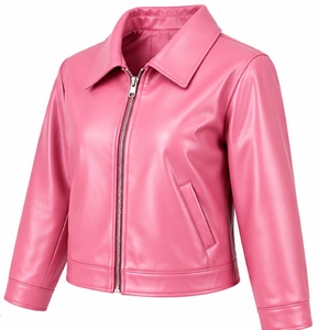 Chaqueta de Cuero Sintético Rosa para Mujer, Estilo Biker Corta, con Cuello Camisero y Cierre de Cremallera - Product Image 4