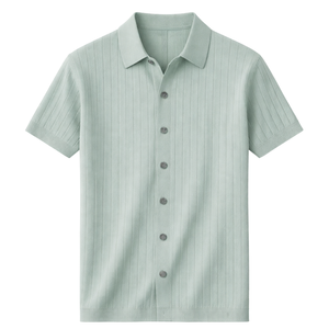 <b>Men's</b> Light Green Short Sleeve Knit <b>Cardigan</b> With Button Closure Turn-down Collar Summer Breathable Solid Color Polo Style Top - Product Image 2