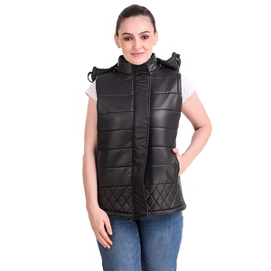 Chaleco Acolchado para Mujer, con Capucha, Cierre Frontal, Resistente al Viento, Ligero, Color Negro Sólido, Estilo Casual - Product Image 3