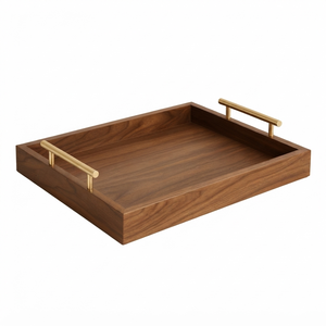 Plateau de service en bois artisanal avec poignées métalliques, grand plateau pour le petit-déjeuner, le café, le thé, la nourriture, décoration de table pour la maison, le restaurant, l'hôtel - Product Image 1