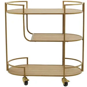 Chariot de service ovale en métal avec 3 étagères en bois, cadre doré, chariot de bar roulant pour la décoration de fêtes à domicile, style glamour, design durable - Product Image 2