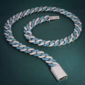 Collar de Cadena Cubana de Lujo con Incrustaciones de Moissanita Azul y Blanca, Chapado en Plata, Joyería Hip Hop con Cierre de Caja, Unisex - Product Image 3