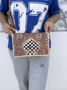 Latest Arrival Hand Tooled Checkered Leather Sling Bag Single Strap Cross-Body Lightweight Western Fashion Stylish Bag - Product Image 4