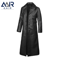 Manteau long en cuir véritable pour homme, respirant, coupe régulière, coupe-vent, pour tenue décontractée ou formelle