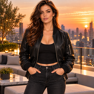 <b>Women</b>’s Black <b>Leather</b> <b>Bomber</b> <b>Jacket</b> Casual Streetwear Zip Up Fashion <b>Jacket</b> Custom OEM Private Label Wholesale Western Wear - Product Image 5