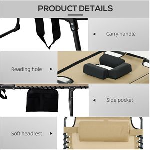 Sdraio Pieghevole Beige con Schienale Reclinabile e Foro per la Lettura, Ideale per Prendere il Sole, con Tasca Laterale - Product Image 5
