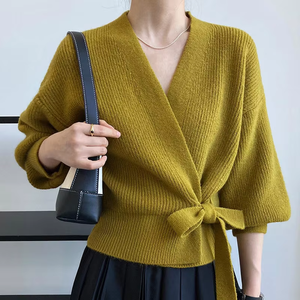 Cárdigan de punto con cuello en V para mujer, top cruzado de manga tres cuartos con cinturón, suéter de otoño - Product Image 1