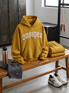 Ensemble de survêtement homme oversize jaune moutarde brodé, en coton épais, style streetwear personnalisé - Product Image 4