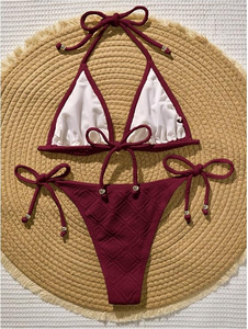 Conjunto de Bikini de Dos Piezas Color Borgoña para Mujer, Top Halter, Braguita Tipo Tanga, Tejido Texturizado, Traje de Baño de Color Sólido, Ajuste Elástico - Product Image 6