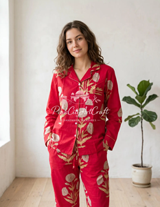 Premium Cotton Red Block Printed Pajama Set for Women Summer Autumn Spring Breathable Quick-Dry Elegant Luxury Full-Sleeve - Product Image 2