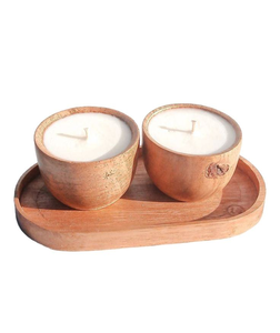 ชุดเชิงเทียนไม้มะม่วงดีไซน์อินเดียคุณภาพสูง 2 ชิ้น พร้อมถาดแก้วขัดเงาสีน้ำตาล สำหรับบ้าน โรงแรม โอกาสคริสต์มาส - Product Image 4