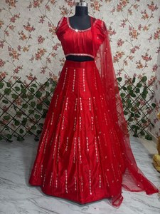 Último Modelo de Lehenga Dupatta Elegante para Mujer, Estilo Indio-Pakistaní, para Fiestas, con Hermosos Bordados, Trabajo con Espejos Reales, Satén de Seda Pesada - Product Image 4