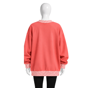 <b>Mens</b> Coral <b>Pink</b> Crewneck <b>Sweatshirt</b> Gingham Check Trim Long Sleeve Casual Pullover Fashion Streetwear Athletic Sports Top - Product Image 2