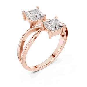 Bague de fiançailles unisexe Toi et Moi en or massif 18 carats, couleur E, double taille princesse, à quatre griffes partagées, avec tige fendue croisée - Product Image 4