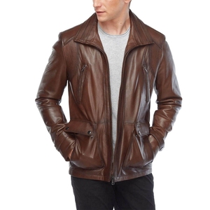 <b>Men's</b> Brown Genuine <b>Leather</b> Moto <b>Jacket</b> Stand Collar Zipper Closure Regular Fit With Pockets Available For Sale - Product Image 3