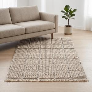 Tapis élégant en laine beige crème tissé à la main, couleur unie, antidérapant, à poils moyens, avec franges, pour décoration moderne de la maison - Product Image 2