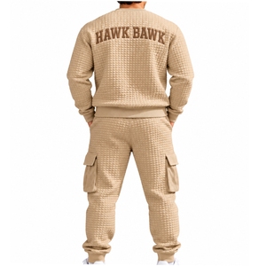 Ensemble de survêtement deux pièces pour homme, manches longues, pantalon cargo, tenue décontractée, coupe décontractée, tissu texturé, survêtement sur mesure - Product Image 3