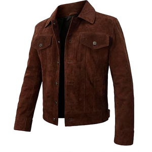 Brown <b>Suede</b> <b>Leather</b> <b>Jacket</b> Casual Turn-down Collar Single Breasted Regular Fit Autumn Outerwear - Product Image 2