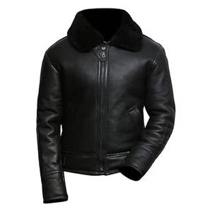 Veste d'aviateur pour homme en cuir d'agneau véritable, doublure en fourrure, style vintage, manteau d'hiver chaud en peau de mouton noir - Product Image 6