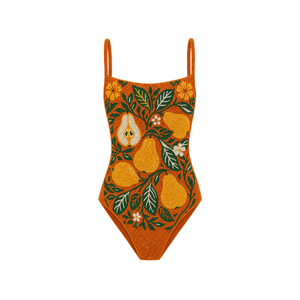 ชุดว่ายน้ำวันพีซลายผลไม้ประดับลูกปัดสีส้ม คอทรงเหลี่ยม ปักมือ ชุดบิกินี่ทูพีซถักนิตติ้งสำหรับผู้หญิง - Product Image 1