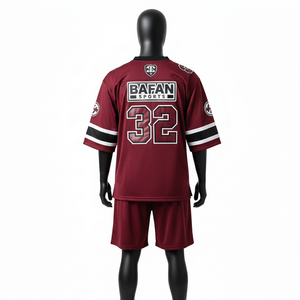 ชุดเสื้อฟุตบอลชายแบบสั้น 160 GSM ผ้าโพลีเอสเตอร์ตาข่ายระบายความชื้น สีแดงเลือดหมู แขนเสื้อสีดำ พร้อมปักโลโก้ทีมตามสั่งสำหรับชุดผู้ชาย - Product Image 6